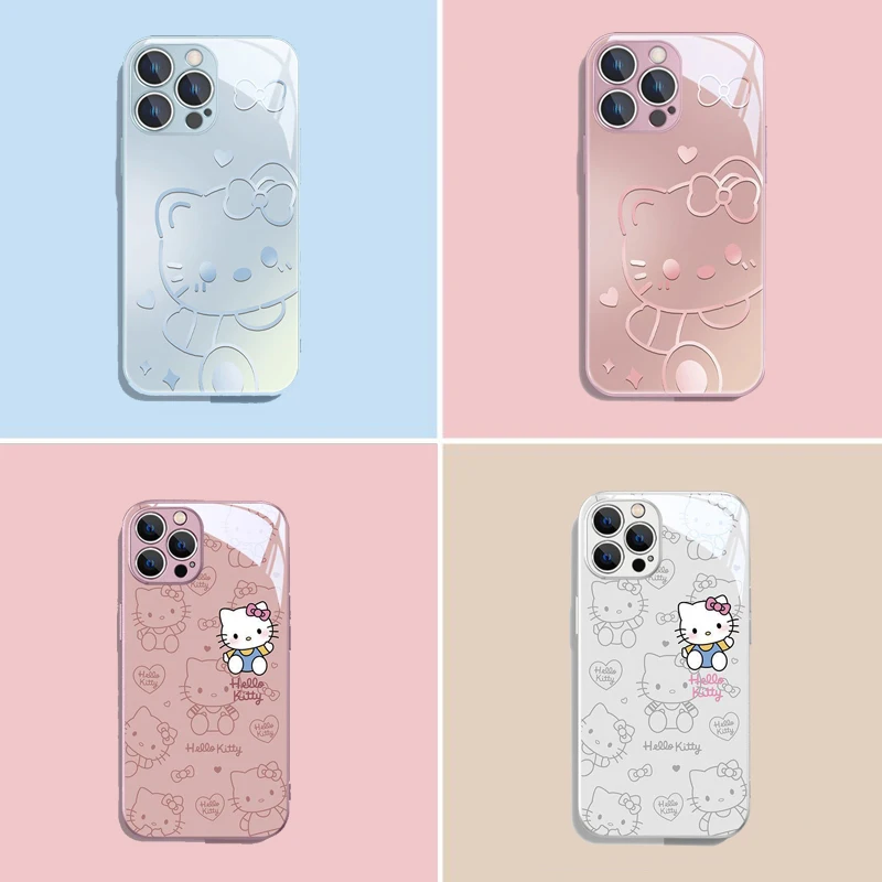 Cartoon Hello Kitty Metallic-Color Phone Case For iPhone X XR XS 16 15 14 13 12 Mini 11 Pro Max 7 8 SE 20 Plus Glass Hard Cover