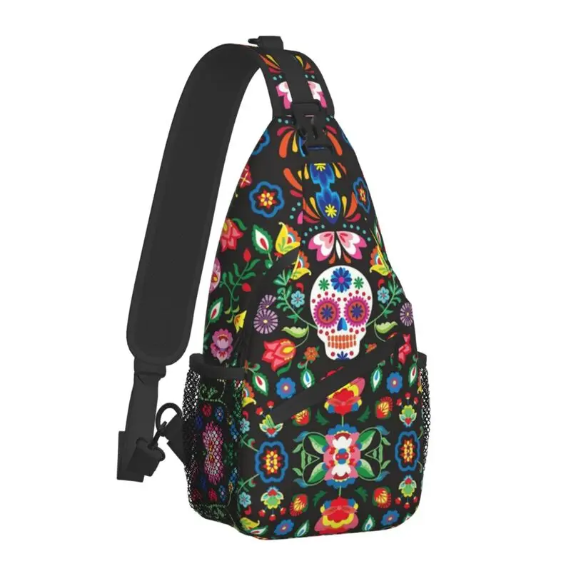 Casual Day Of The Dead Sugar Skulls Sling Crossbody Backpack Men Mexican Flower Shoulder Chest Bag for Traveling