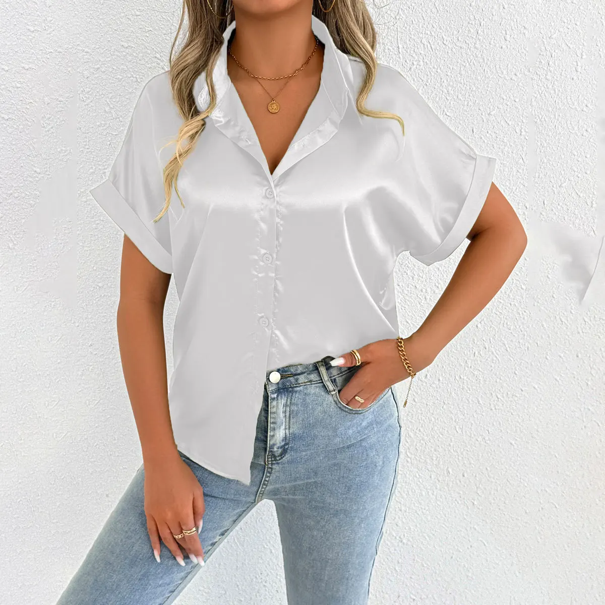 

Женская одежда, рубашка-аттеры с короткими рукавами и пуговицами спереди и шеи, летняя блузка для женщин, сорочки и блузки