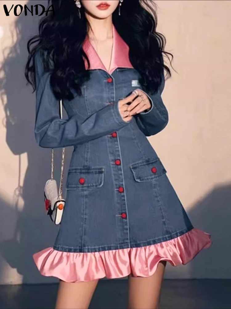 VONDA Mode Mini Kleid Frauen Langarm Farbe Patchwork Casual Party Kurze Vestidos 2026 Revers Frühling Rüschen Elegante Robe