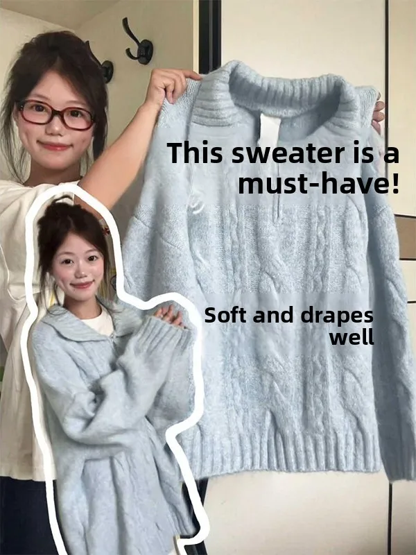 

Свободный вязаный свитер с длинными рукавами, синий, с воротником-стойкой, большие размеры, женский, осенняя новинка, повседневный, в американском стиле, модный