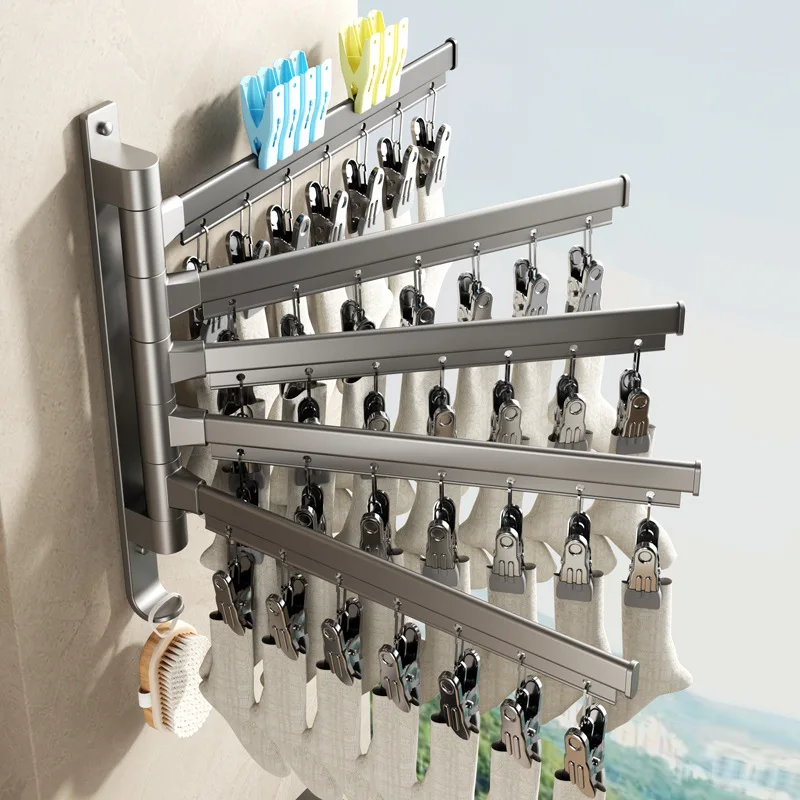 Socks drying rack punching-free multi-clip folding rotating balcony household underwear multi-functional drying rack artifact