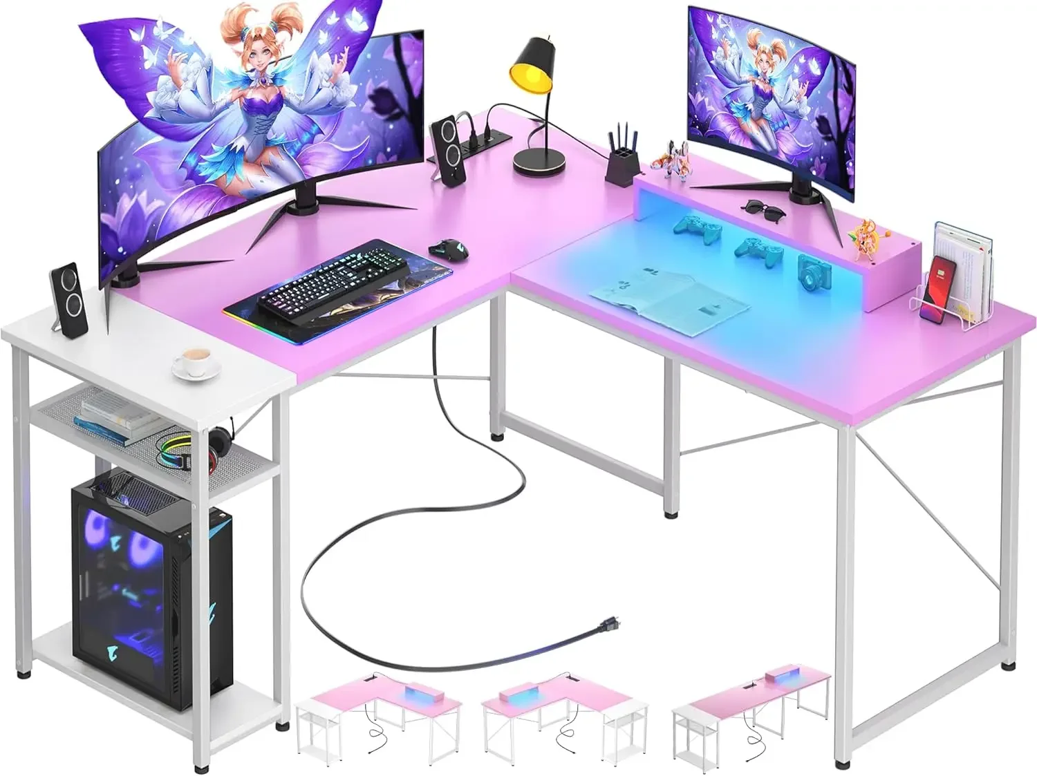 

L Shaped Desk with Power Outlets and USB Ports, Reversible L Shaped Gaming Computer Desk with LED Light, 83.5'' Large 2 Person D