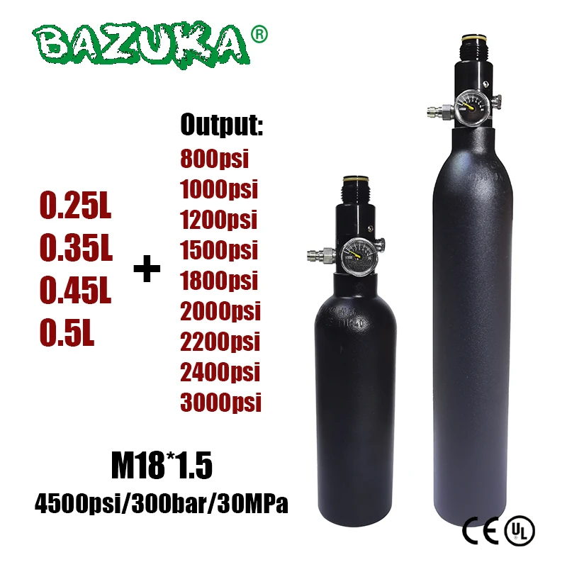 

Compressed Air Tank 0.25L 0.35L 0.5L CO2 Bottle Cylinder 4500psi 30MPa 300bar M18*1.5 With Regulator Output 800psi to 3000psi