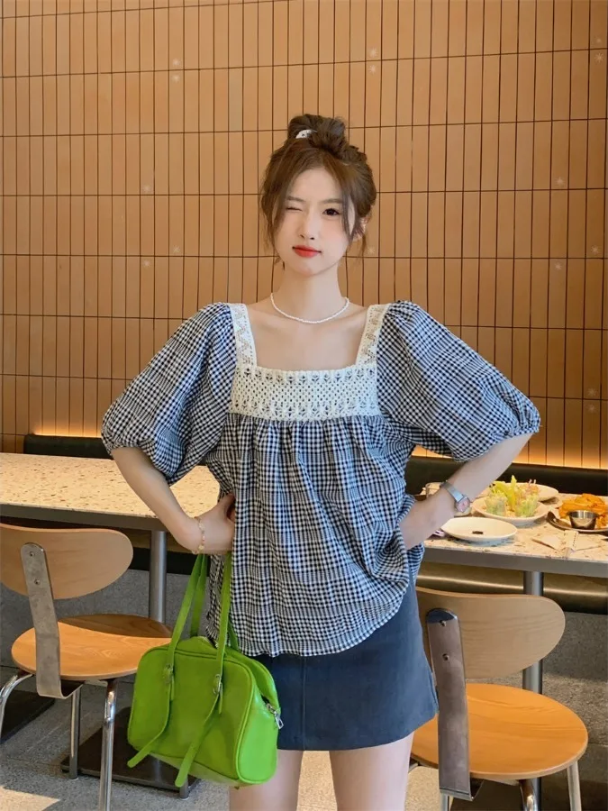 Top de Mujer con Encaje Suelto, Estilo Plaid, 5/8, Estilo Dulce de Verano, Cuello Cuadrado, Diseño de Muñeca, Sensación de Elegancia, Fibra de Poliéster 00%