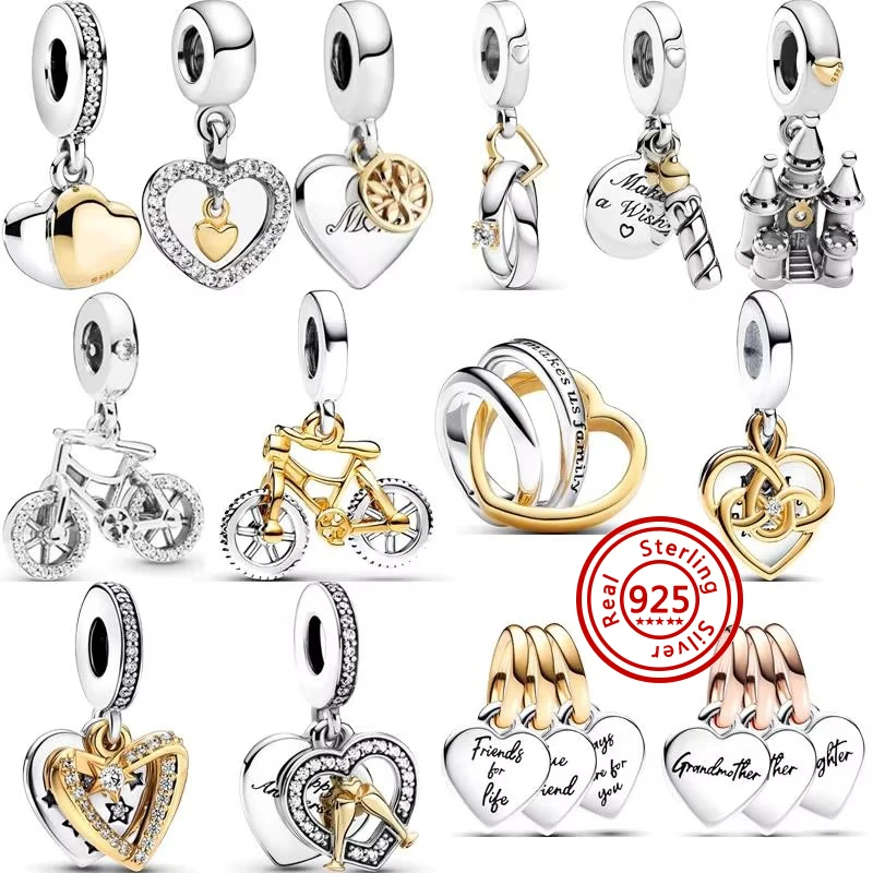 

Подходит для оригинального браслета-подвески Pantaro, серебро 925, двухцветное кольцо в форме сердца, мама, дерево, велосипед, звезда, замок, свеча, золотые бусины, ювелирные изделия своими руками