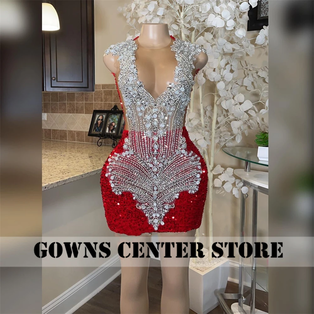 Robe de bal sirène courte à paillettes rouges pour filles noires, Mini robe de Cocktail de luxe avec perles en cristal argenté, robes de fête d'anniversaire