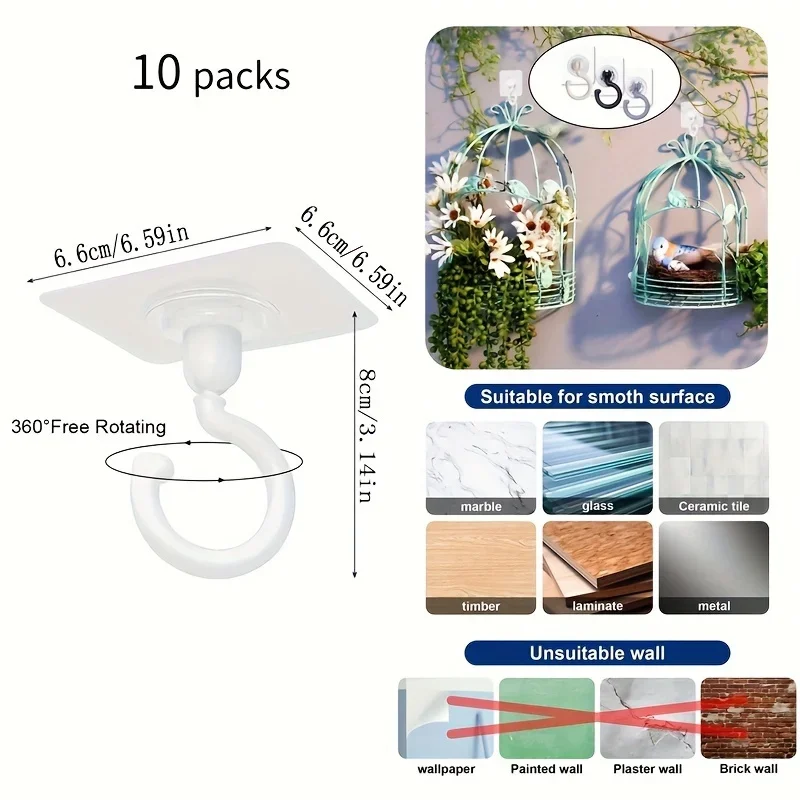 10Pcs 360-degree rotatable self-adhesive ceiling hook, used for chandeliers, plant lights, wind chimes, hanger hooks