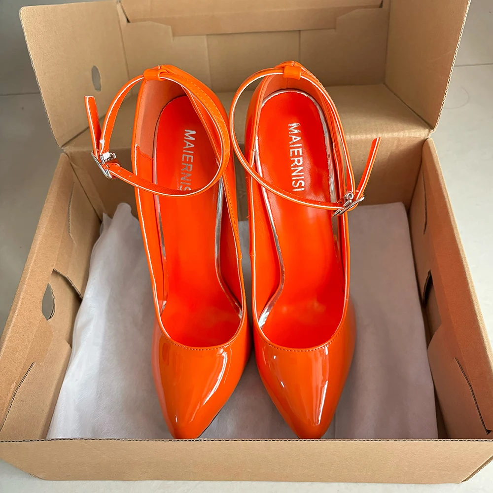 Super High Heels 16cm Stilettos Sexy Women Oange Dress Shoes Pumps Ankle Strap Fetish Party Unisex Man Shoes Big Szie 44 45 46