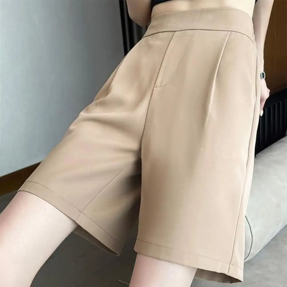 Women Summer Shorts A-line Loose Elastic High Waist Women Shorts Straight Casual Thin Knee Length Pants