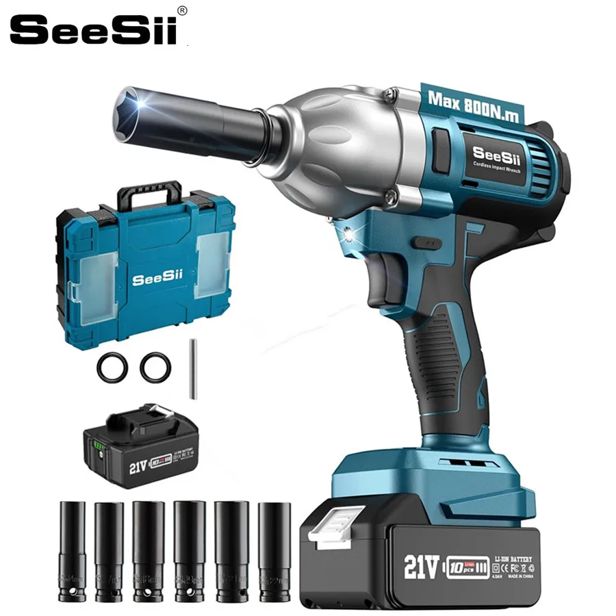 

Seesii WH710 Cordless Electric Impact Wrench 1/2" for Car Home 800N.m Brushless 3300RPM High Torque Gun 6 Sockets Repair Tool