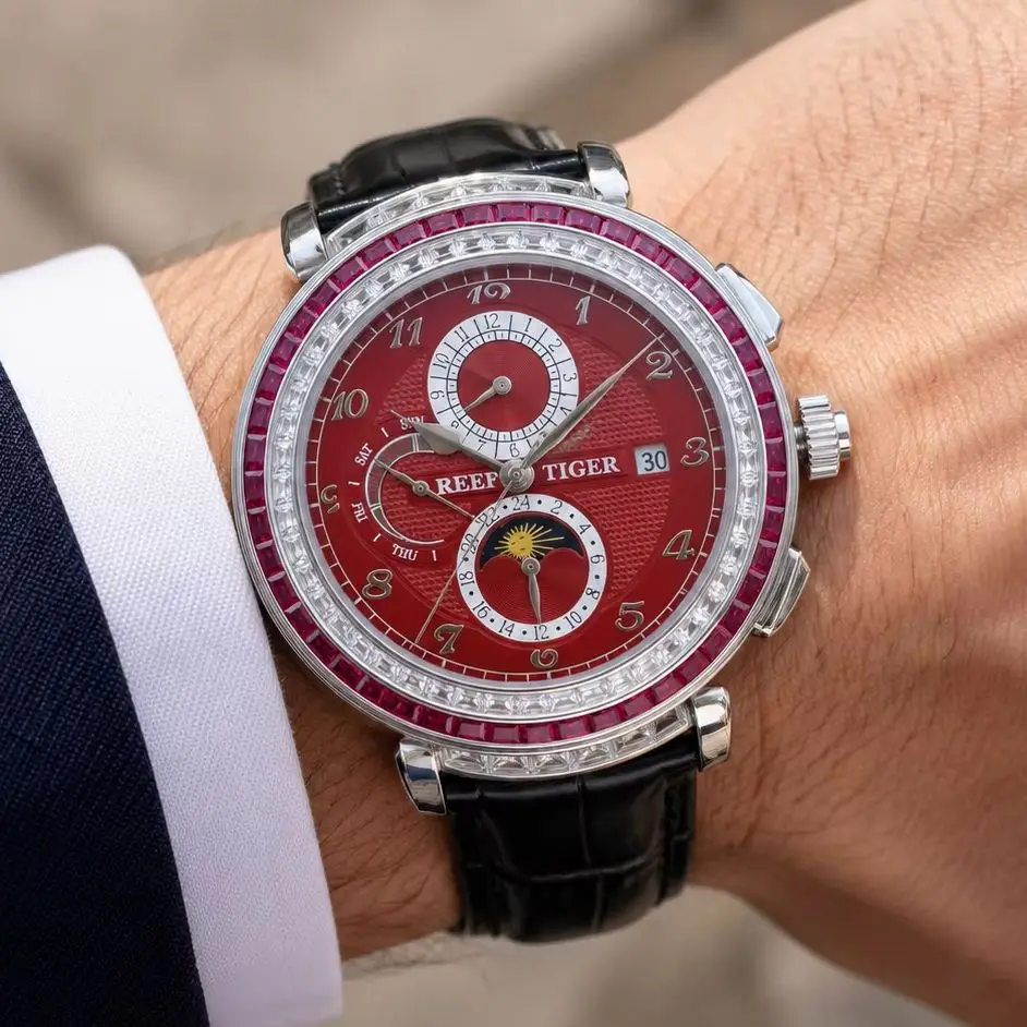 Reef Tiger Stylish Multifunctional Men's Automatic Mechanical Watch – Red Dial, Genuine Leather Strap, Moon Phase & Date Display