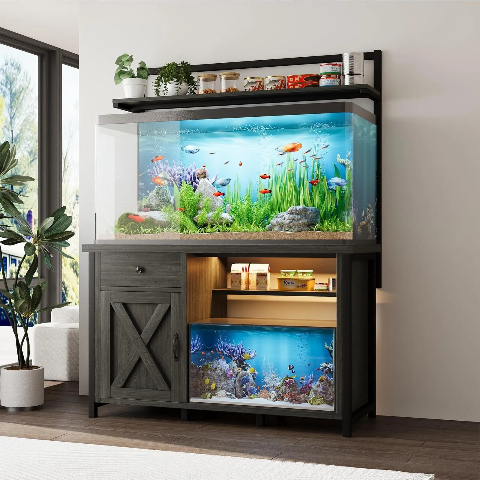 55-75 Gallon Fish Tank Stand with Power Outlet, Led Light, Heavy Duty Aquarium Stand with Cabinet for Fish Tank