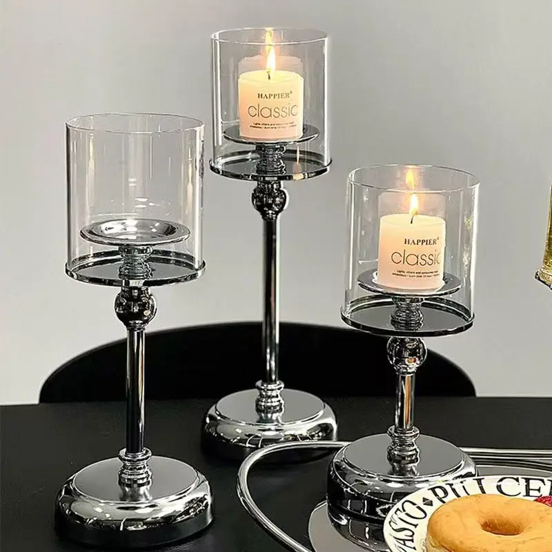 Light luxury Silver Metal Glass Holder Wedding Romantic Valentine's Day Party Living Room Candlelight Dinner Home Decoration
