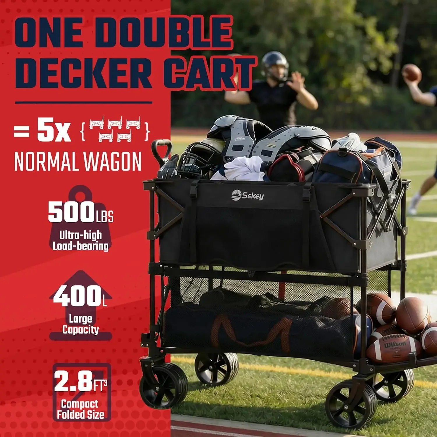 500LBS Heavy Duty Double Decker Wagon with Extender, 400L Large Capacity Collapsible Garden Cart Fits 10x10 Canopy