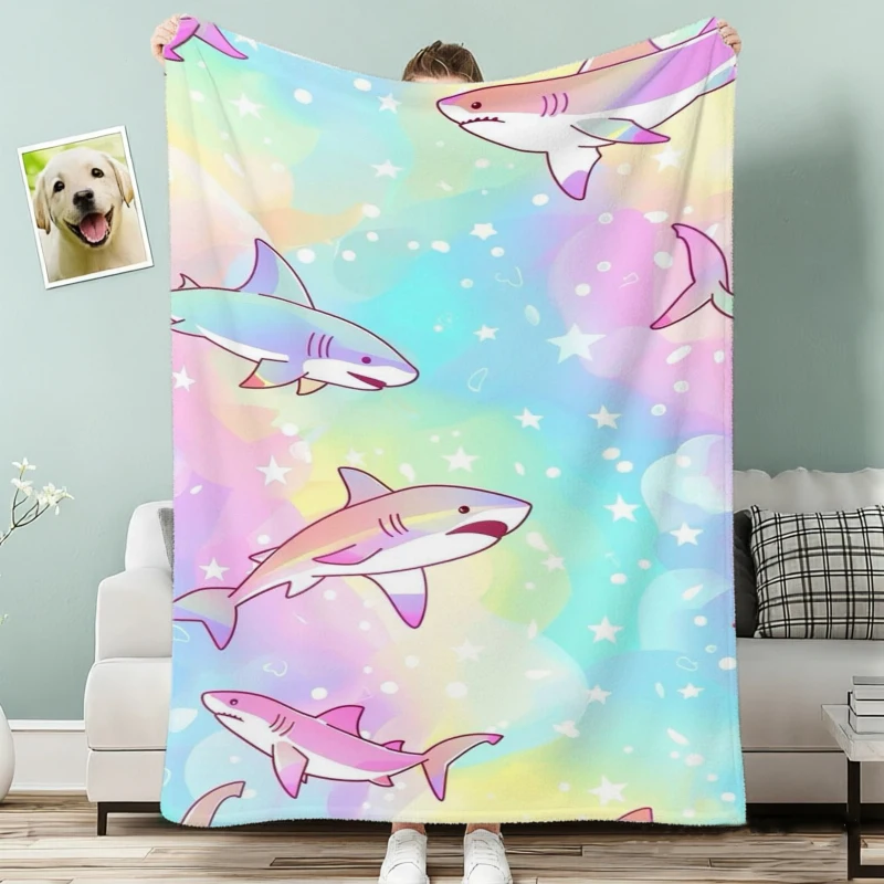 Rainbow Gradient Shark Star Fleece Blanket For Whimsical Bedroom Decor Soft Warm Throw Blanket Gift