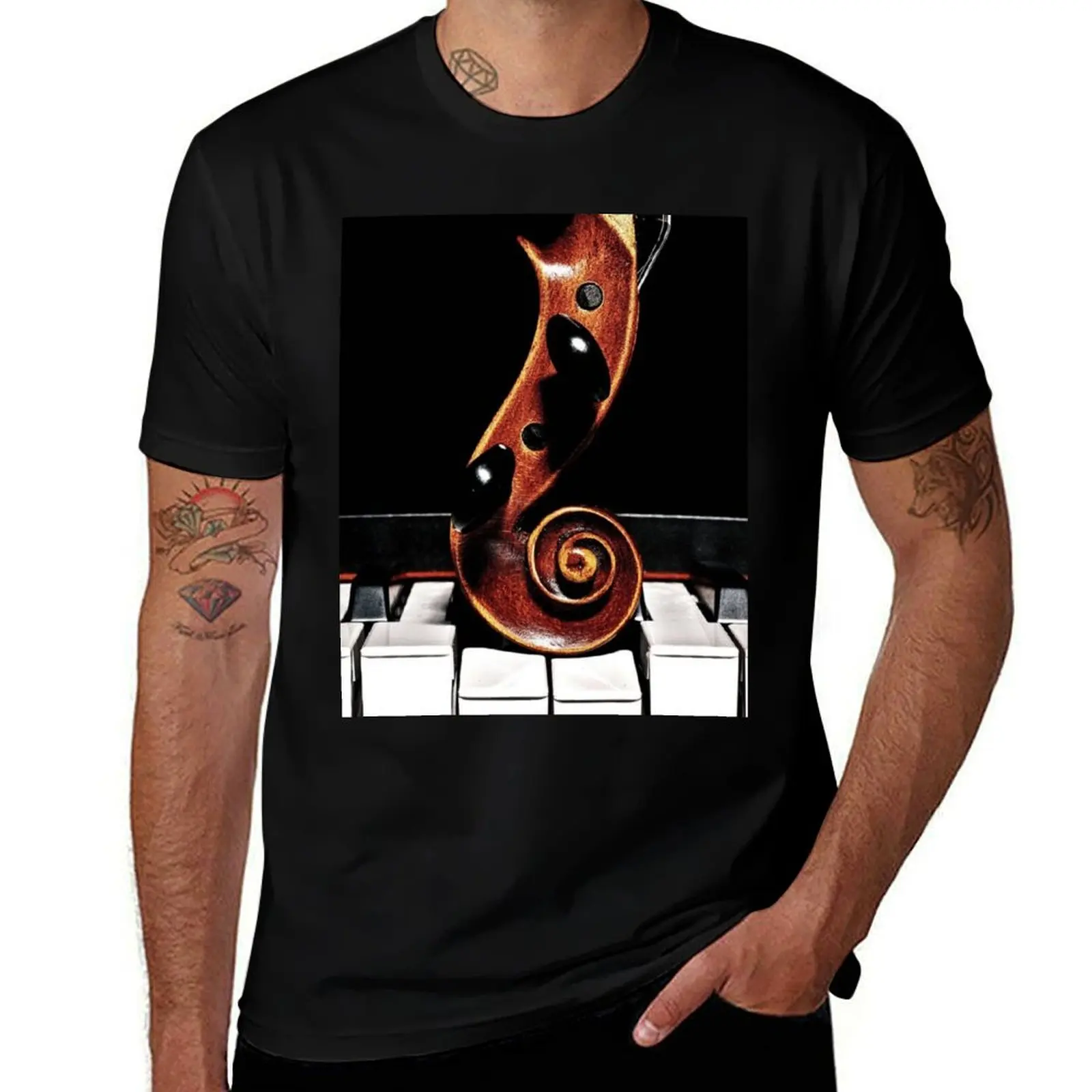 Violin and Piano Keys Artistic Photograph T-Shirt Casual Fashion Print Tee Top