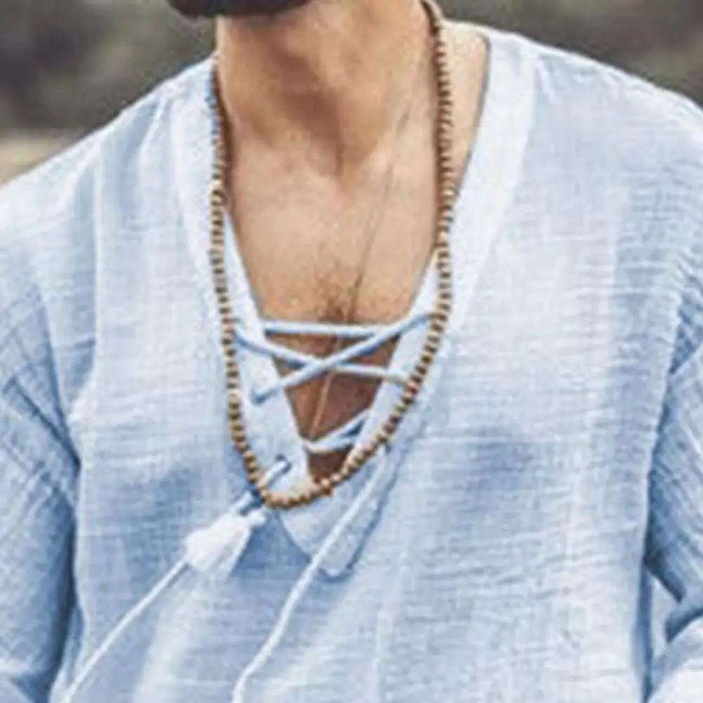 

Summer New Men's Half Sleeve V Neck T-shirts Chest Lace Up Solid Color Pullover Shirts Vintage Loose Medieval Tunic Tops For Men
