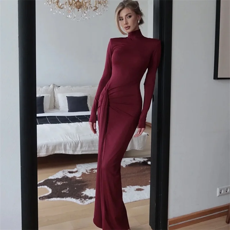 Autumn Women Prom Dress High Neck Full Sleeves Side Split Ruffles Long Sheath Party Gown Formal Wedding Guest Birthday Robe