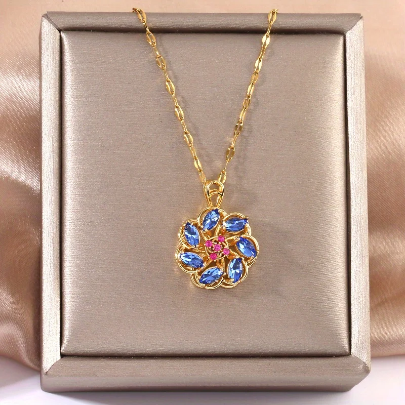 [Copper Micro-Inlaid Zircon] 360° Rotatable Decompression Blue Stone Pendant Necklace Charm Jewelry Gift