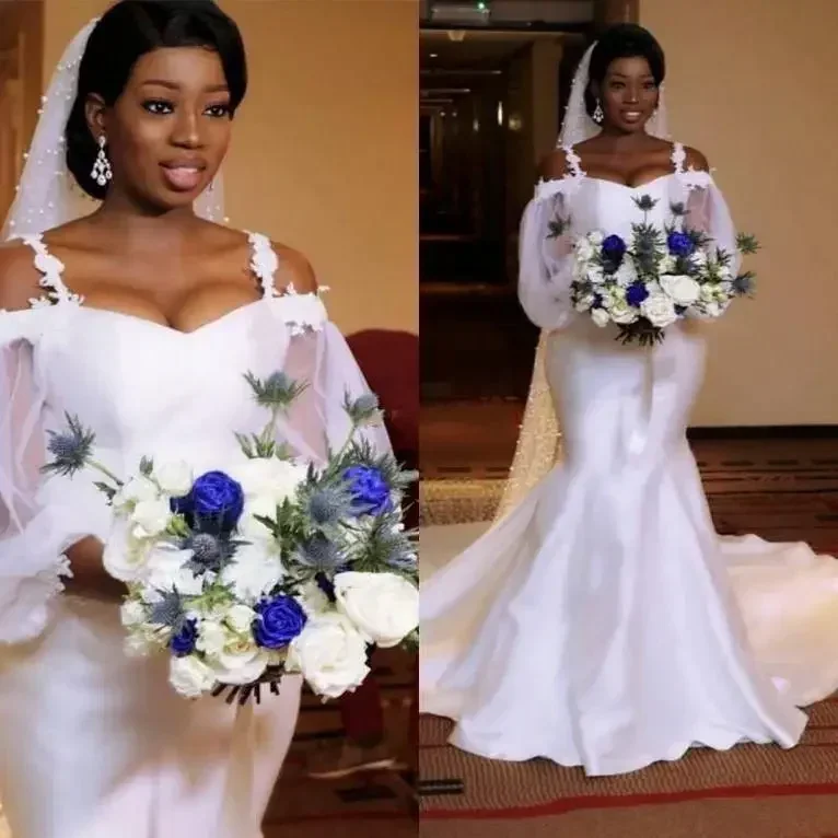 Vestidos de novia románticos personalizados de sirena, vestidos de novia africanos de talla grande con tren de barrido de tul para playa, vestidos de novia personalizados