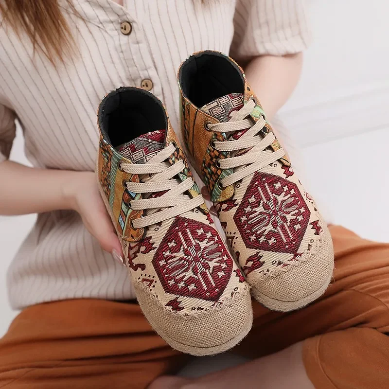 Women Casual Shoes Grass Woven  Flat Espadrilles Comfortable Bohemian Chinese Style  Lace-up Fashion Non-leather