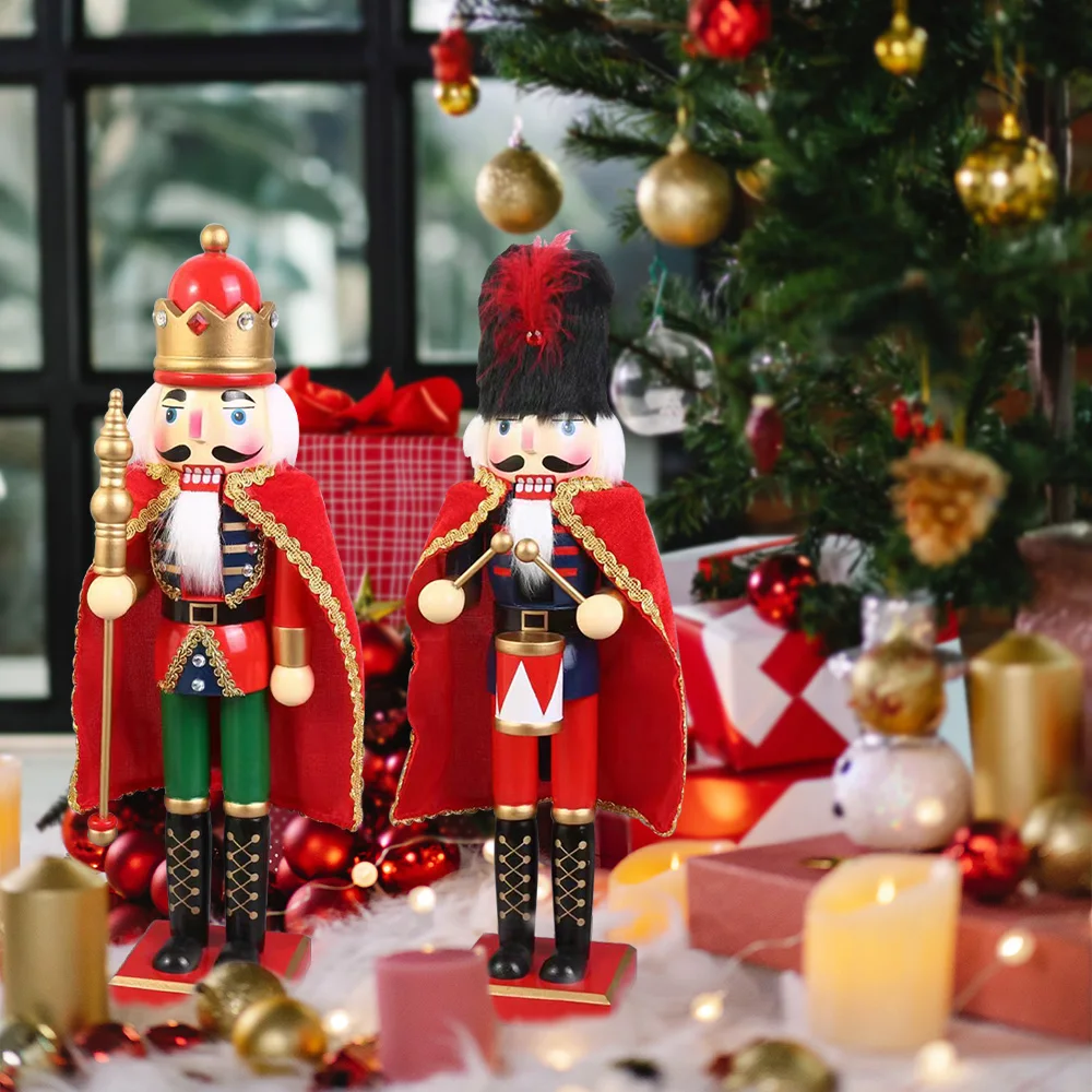 

38CM 1Pcs Christmas Nutcracker with cape Red Blue Soldier Puppet Display Creative Home decoration Christmas gift Wooden crafts