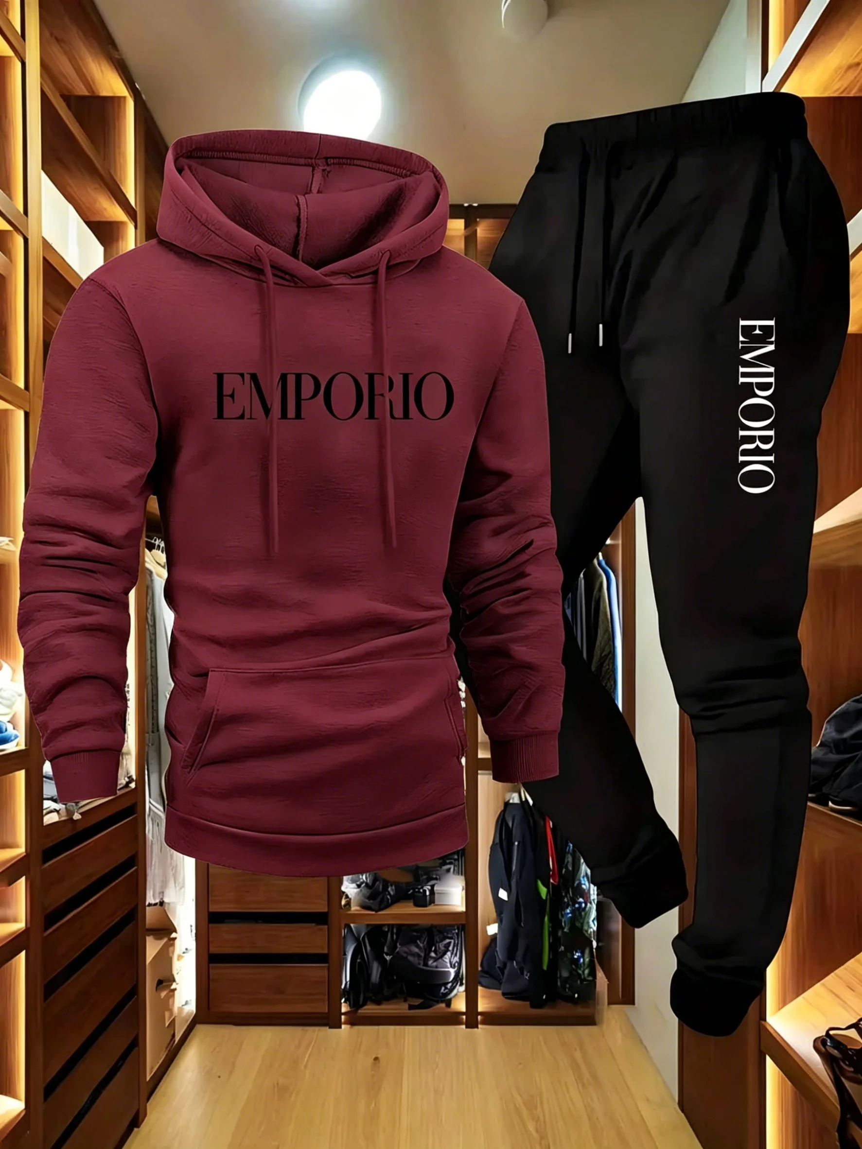 2026 Men 2 Piece Tracksuit Olive Green Letter Print Drawstring Hooded Pullover Multi Pocket Cargo Sweatshirt Jogger Pants Set