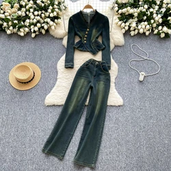 Denim Trousers Clothing Set V-neck Long Sleeve Denim Tops + High Waist Wide Leg Straight Pant Women's Two-piece Suits