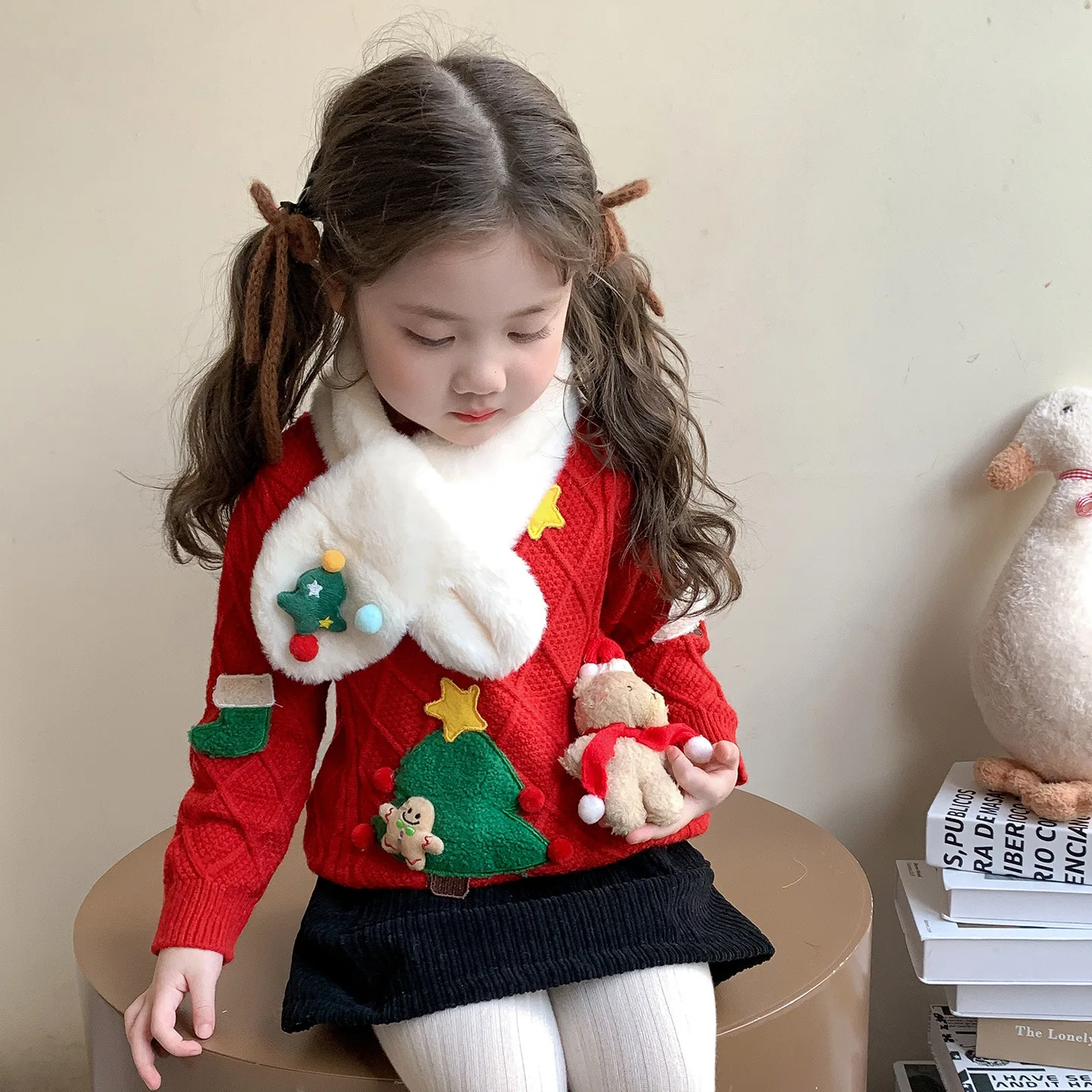 

Korean Winter Children Girls Sweater Christmas Tree Santa Kids Baby Girls Knitwear Velvet 2-8Yrs Little Girl Pulloverssoft Scarf