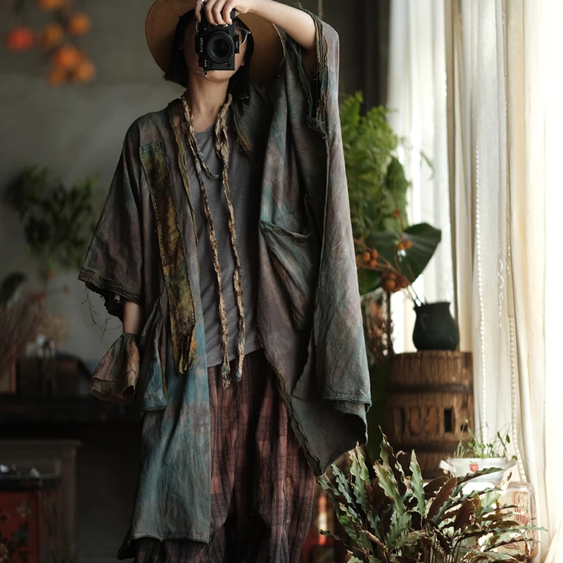 Oversized Women Casual Trench Coats New 2025 Summer Vintage Style Floral Print Loose Female Bat Sleeved Long Cardigans M1195