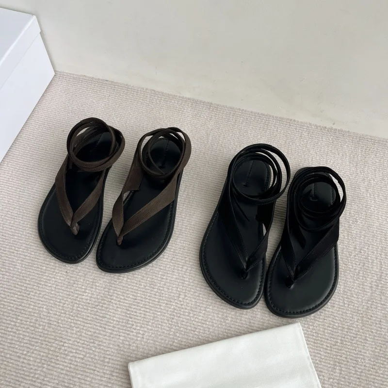 Dave&di 2026 Summer Shoes Genuine Leather Strap Clip On Sandals For Women Flat Bottomed Clip On Toe Beach Roman Sandals Woman