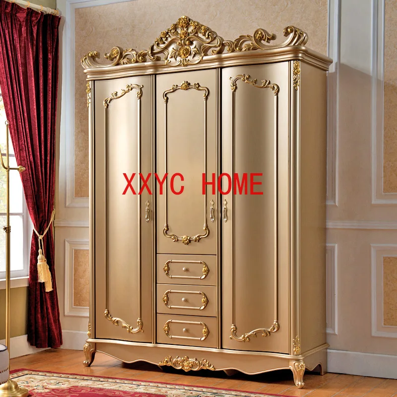 European-Style Three-Door Wardrobe Champagne Gold French Carved 3-Door Wardrobe