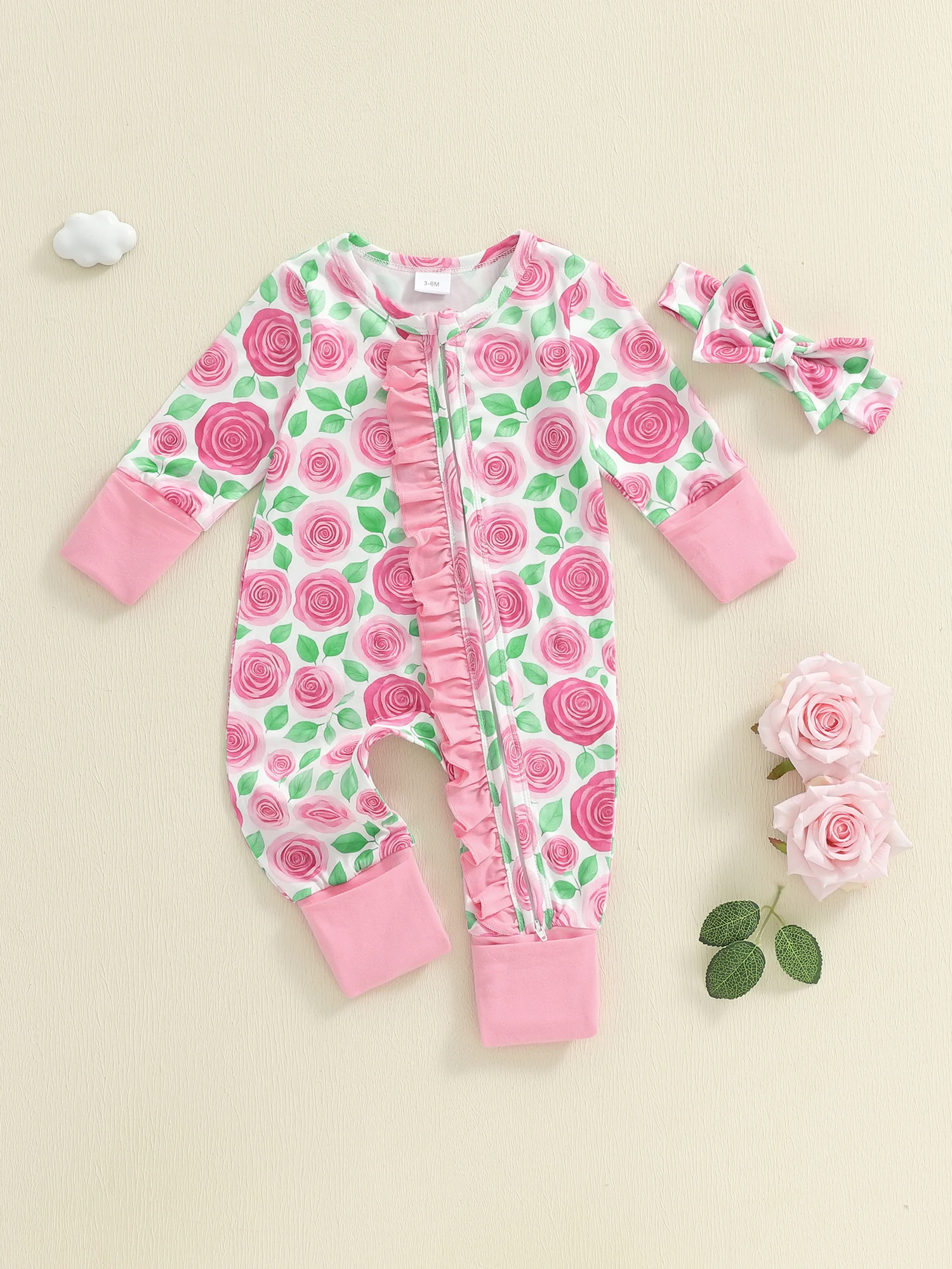 

Зимнее платье для маленьких девочек, комбинезон на молнии с длинными рукавами и цветочным принтом, круглым вырезом, оборками, с подходящей повязкой на голову и колготками