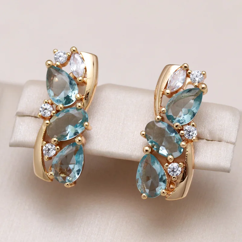 

Gorgeous Gold Color Sea Blue CZ Hoops Earrings Woman Water Droplet Party Daily Wear