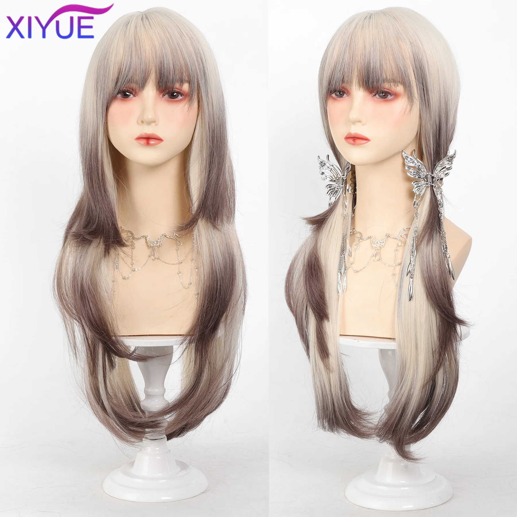 

XIYUE Beige and to Light Ash Beige gray Wigs with Bangs Layered Synthetic Wigs for Women Long Natural Hair Cospay Party