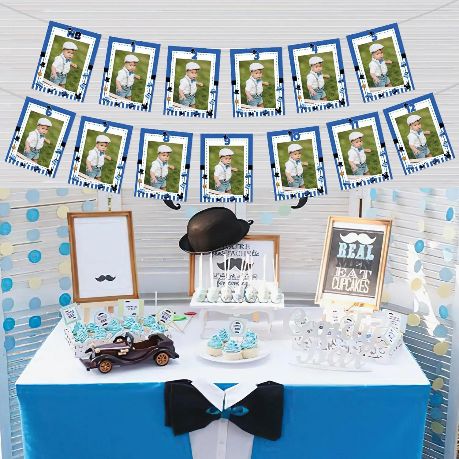 Cheereveal 13Pcs Boss Theme Photo Banner Blue Black Monthly Photo Photograph  From Newborn  First Birthday Party Decor Supplie