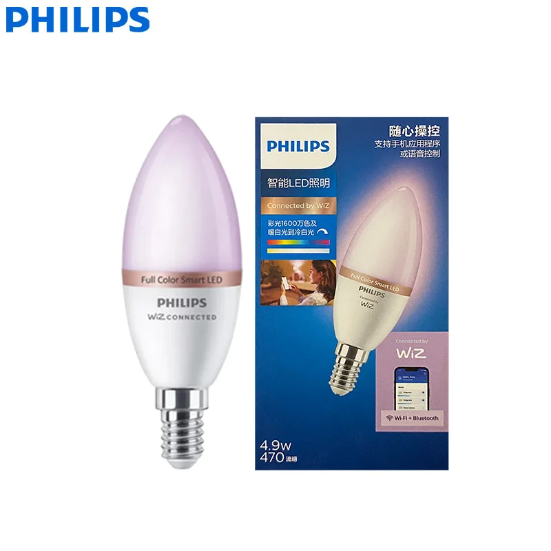 Philips  4.9W Smart LED E14 Candle Light WiZ Wi-Fi & Bluetooth Bulb 220-240V 16 Million Full Color Frosted Dimmable Lamp CRI90