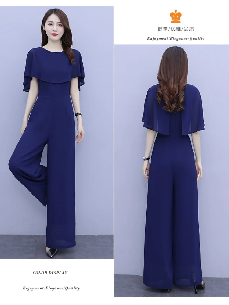 Women Summer Draped Playsuits Wide Leg Pants Long Trousers Palazzo Ladies Playsuits Jumpsuits Solid Color Short Sleeve Age