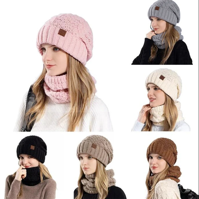 Two-Piece Set Fashion Women Knitted Hat Scarf Caps Neck Warmer Winter Hats For Men Women Skullies Beanies Warm Fleece Cap