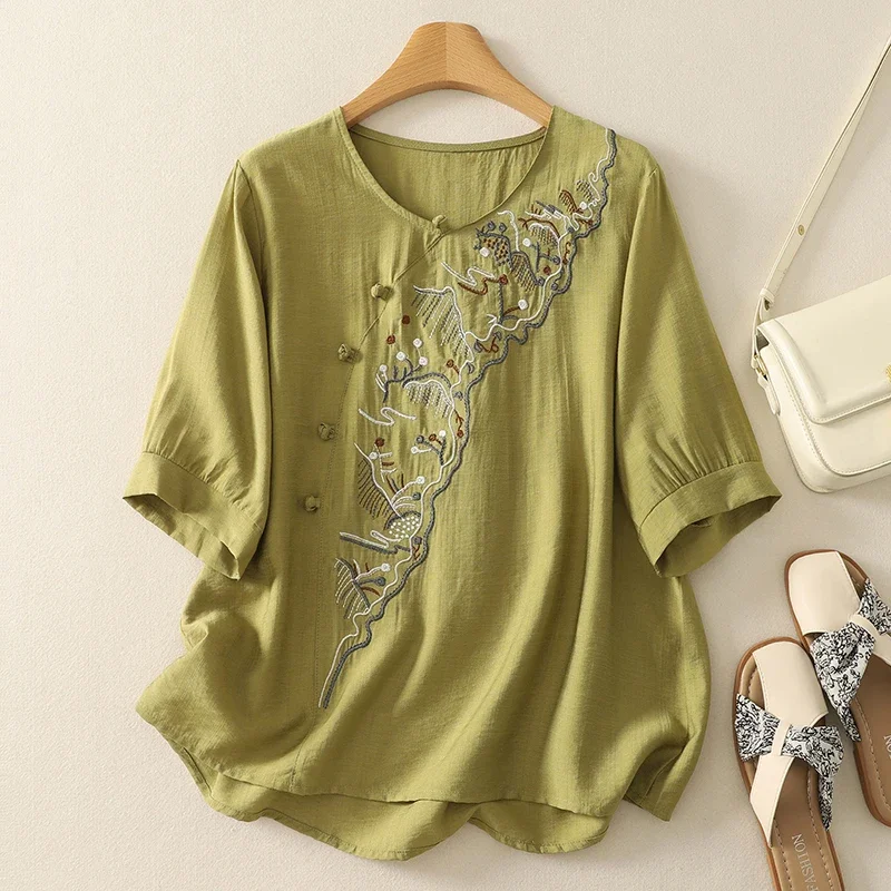 

Женская блузка в китайском стиле, винтажные рубашки с вышивкой, модная свободная летняя хлопково-льняная одежда, женские топы с короткими рукавами