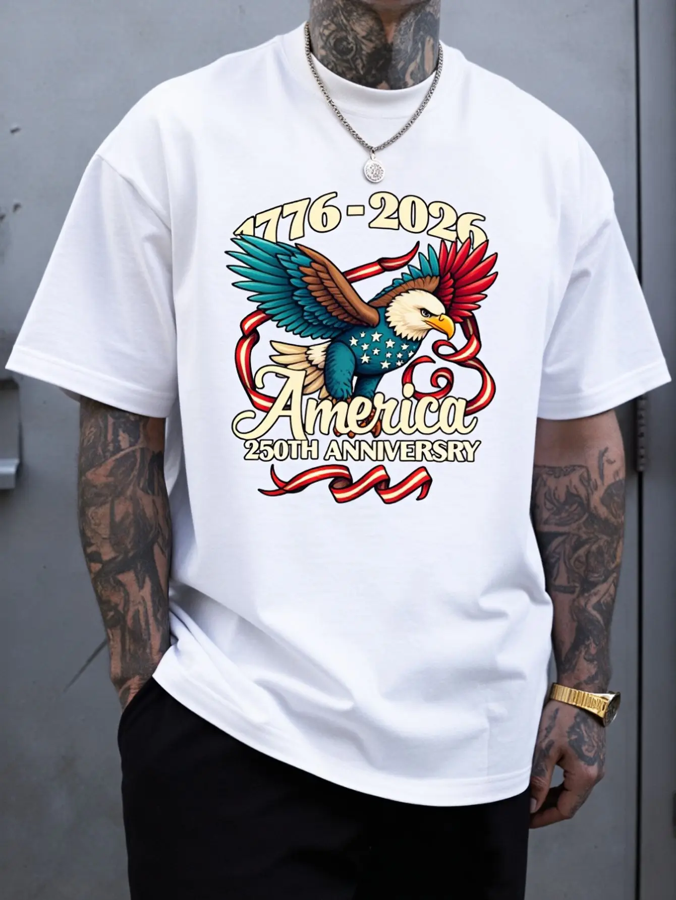 Men's 250th Anniversary Independence Day T-Shirt - 1776-2026. Features A Patriotic Eagle And American Flag Design, Crew Neck, Short Sleeve, A Perfect 250th Anniversary Gift For July 4th, Independence Day, And American Pride Apparel.