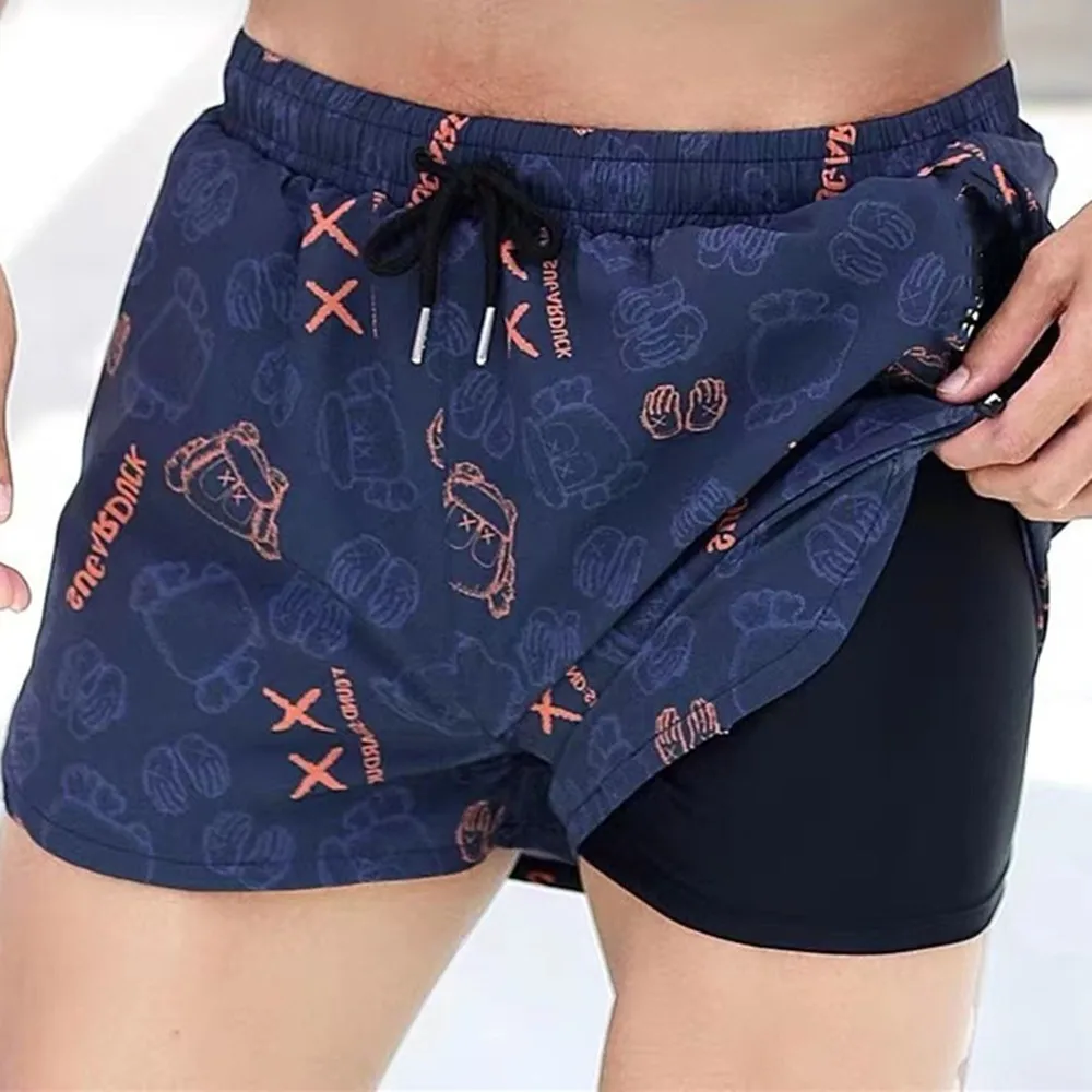 Anti Embarrassment Double Layer Swimming Pants New Printed Adult Men's Swimming Pants Comfortable Flat Corner Pants Large Men's