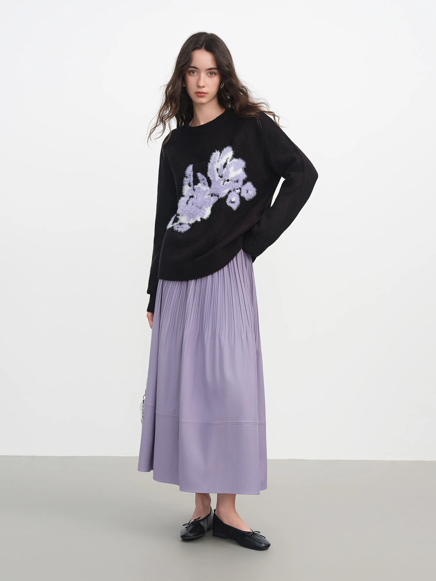 FSLE 2025 新作 レディース フレンチスタイル オンブレ プリーツ Aライン ミディスカート パープル ハイウエスト エレガント ティアード ラッフル ストレッチウエスト カジュアル