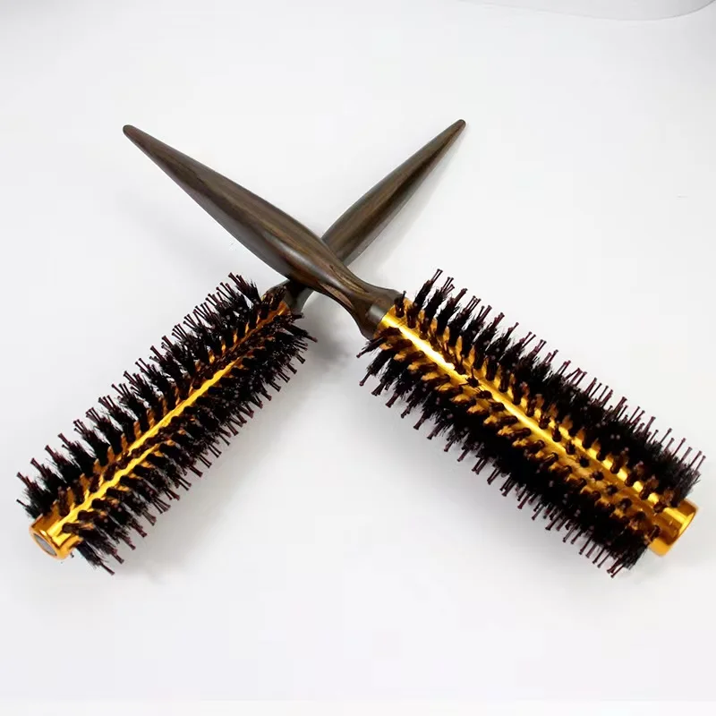 Wholesale Wooden Aluminum Tube Round Boar Bristle Ionic Hair Brush Wood Rolling Style Hairbrush