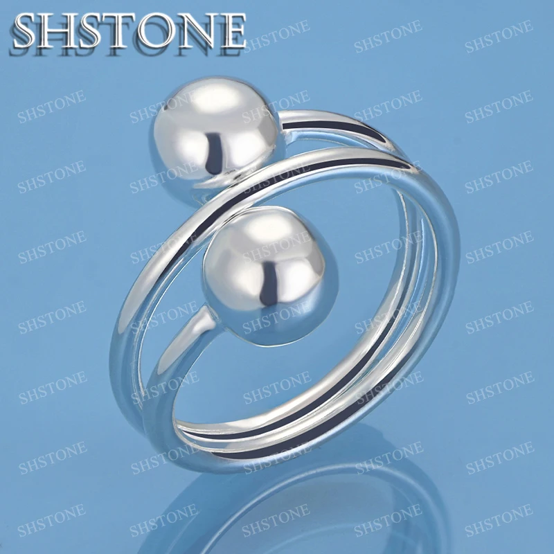 SHSTONE 18K Gold Double Headed Bead Rings For Women Party Wedding Fashion Jewelry Fine Luxury 925 Sterling Silver Open Ring Gift