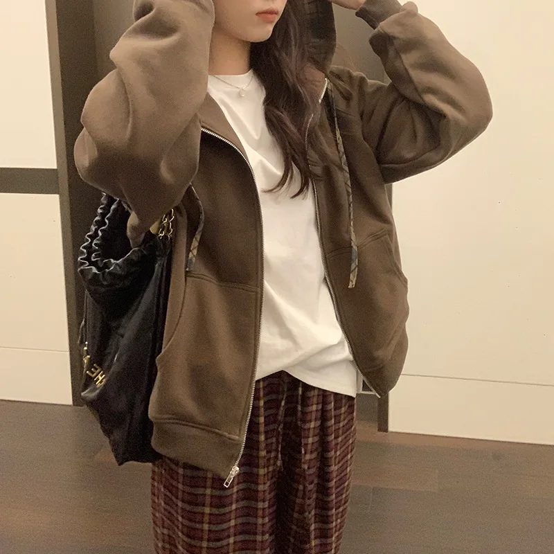 

Korean Version Hooded Casual Loose Plaid Lined Hoodie for Women's Fashion American Style 2024 Autumn/winter New Cardigan Top