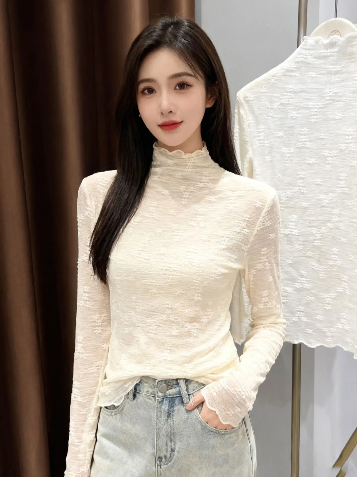 Sexy Lace Long Sleeve Base Shirt Women's Mesh Overlay Half High Collar Garlic Bud Top Autumn Winter Floral Print Slim Fit T-s...