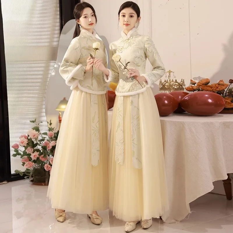 Champagne Bridesmaid Dress 2023 New Winter Plush Thick Long Sleeved Sisters Wedding Party Prom Gown Zipper Ankle-Length Vesidos