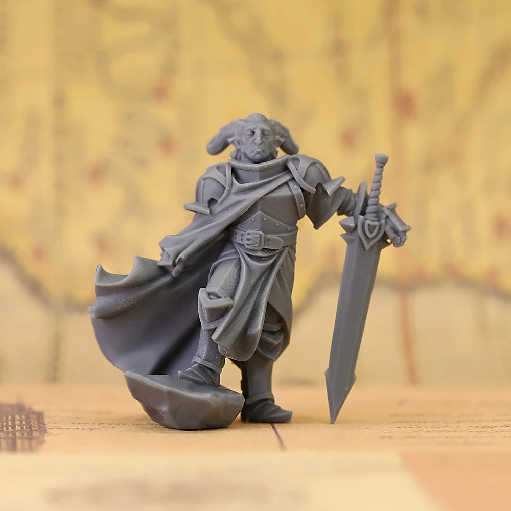 Tiefling Paladin Resin Miniature Unpainted Figure,  Tabletop Wargame RPG Miniatures, Fantasy Horned Knight Greatsword Model for